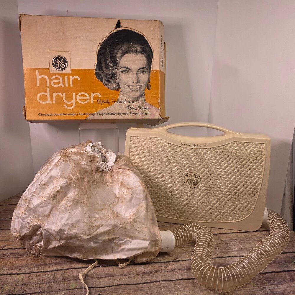 Vintage General Electric Hair Dryer With Box & Bonnet Beige F5HD20B Portable USA